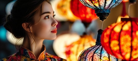 Asian Woman in Traditional Attire, Enchanted by Lanterns at the Mid-Autumn Festival Celebrationの素材