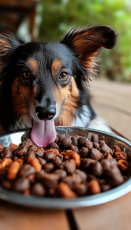 A black and tan German Shepherd eagerly licks its lips while eyeing its kibble-filled food bowl.の素材