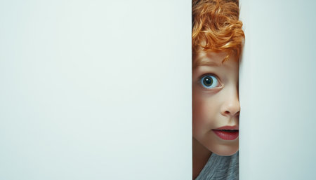 Curious Red-Haired Boy Peeking Out from Behind a Bright White Wall, Expressing Wonder and Fearの素材