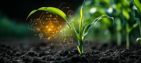 Maize Sprout Emerging from the Soil, Symbolizing Innovation in Smart Agriculture and Food Productionの素材