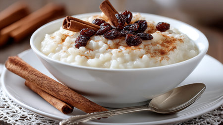 Creamy Rice Pudding with Cinnamon and Raisins Served in a Decorative Bowl for Dessert Enjoymentの素材
