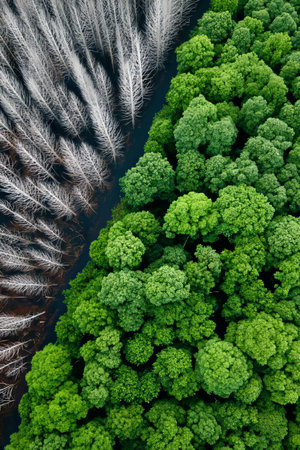 Aerial View of Deforestation and Lush Forest, Highlighting Nature s Beauty and Conservation Effortsの素材