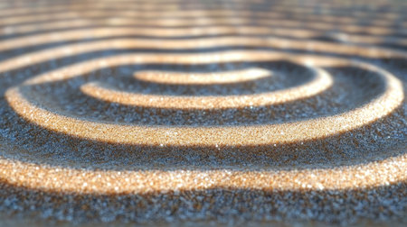 Tranquil Zen Garden with Abstract Sand Patterns and Soft Shadows Creating a Calm Atmosphereの素材