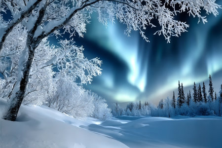 Enchanting winter wonderland glows with mystical auroras dancing above a serene snowy forest scene.の素材