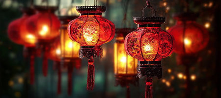 Radiant Chinese Lanterns Glowing Brightly, Evoking Festive Spirits and Cultural Ambiance of Asiaの素材