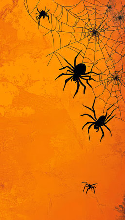 Spooky Spider Web Halloween Illustration With Orange Background Perfect for Festive Artwork Designsの素材