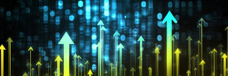 Futuristic Neon Arrows Indicating Data Growth in a Sparkling Technological Cityscape Artworkの素材