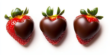 Three Fresh Ripe Strawberries Dipped in Dark Chocolate Heart Shape for Valentines Day Dessertの素材