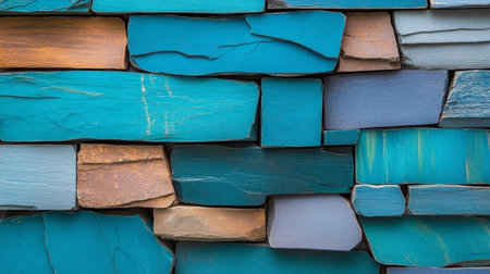 A Beautiful Stone Wall Featuring Textured Depth and Varied Blue Tones for Stunning Visual Backdropsの素材