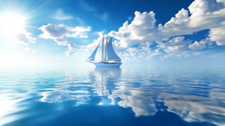 Sailboat Gliding Gracefully Across Calm Waters, Surrounded by Gentle Waves and Soft Sunlightの素材