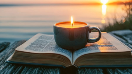 Serene Evening Scene with Open Book, Illuminated Candle, and Sunset Sky for Relaxation and Peaceの素材