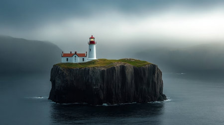 Isolated Lighthouse on a Rugged Rock Formation in the Ocean, a Beacon of Hope Amidst the Fogの素材