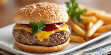Mouthwatering cheeseburger with sesame seed bun, melted cheese, and crispy fries on a plateの素材
