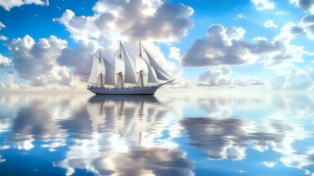 White Sailing Ship Gliding Across Calm Blue Ocean Under Bright Sunny Skies and Fluffy Cloudsの素材