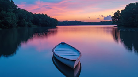 A Serene Canoe Floating on Tranquil Waters, Surrounded by Lush Forests and Vibrant Twilight Skiesの素材
