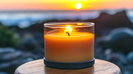 Serene Sunrise Over Rocky Shore with Burning Candle Creating a Cozy and Calm Atmosphere at Dawnの素材