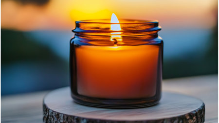 Beautifully Illuminated Amber Candle in Glass Container Reflecting Sunset Colors for Cozy Eveningsの素材