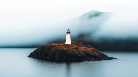 Serene Isolated Tower on a Small Island, Coastal Beacon Guiding Ships in Tranquil Blue Watersの素材