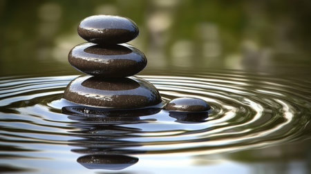 Stack of Peaceful Dark Rocks in Serene Water, Symbolizing Zen, Balance, and Relaxation Therapyの素材