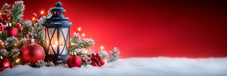 Enchanting Christmas Scene with Snow, Lanterns, and Festive Decorations on a Rich Red Backgroundの素材