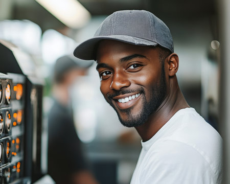 Happy Black Worker in Manufacturing Industry, Smiling with Confidence for a Better Life and Futureの素材