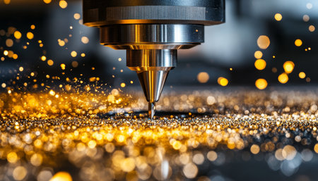 CNC Milling Process in Modern Manufacturing, Cutting Metal with Sparks in Industrial Workshopの素材