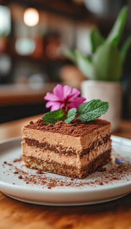 Deliciously Layered Tiramisu with Cocoa Dusting, Garnished with Edible Flowers on a Table Settingの素材