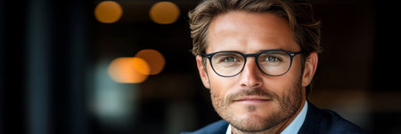Confident Entrepreneur in Elegant Suit and Glasses During Business Meeting in Modern Officeの素材