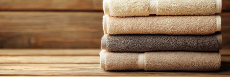 Stack of Soft Spa Towels on a Wooden Table in a Luxurious Hotel Bathroom, Clean and Cozy Atmosphereの素材