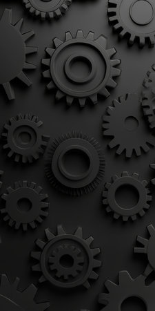 Intricate Dark Mechanical Gears Ensemble with Futuristic Elements and Motion Aesthetic in Black Toneの素材