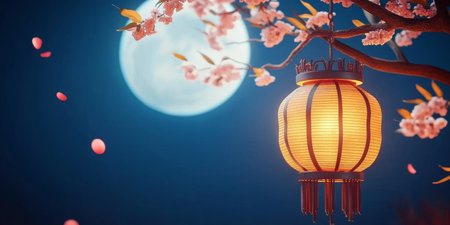 A Vibrant Mid Autumn Festival Lantern Glows Beautifully Amidst Cherry Blossoms Under the Full Moonの素材