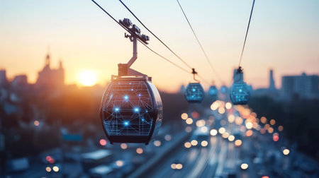 Futuristic Urban Landscape with Cable Car Transit System Connecting Modern Cityscape and High Risesの素材