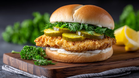 Delicious Fried Chicken Sandwich with Pickle and Fresh Herbs Served with a Bright Lemon Wedgeの素材