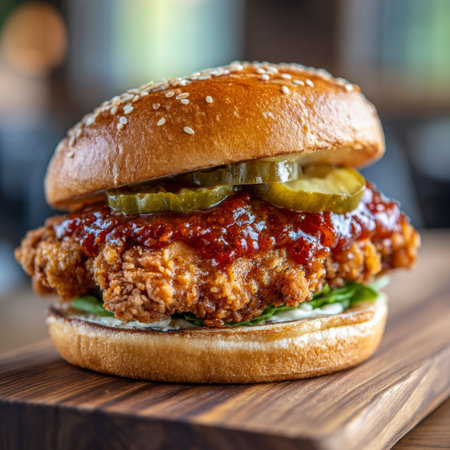 Delicious Crispy Fried Spicy Chicken Sandwich with Creamy Sauce on Fresh Ingredients and Warm Bunの素材
