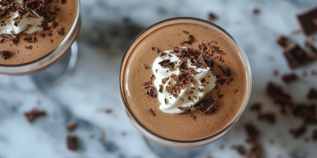 Indulgent Chocolate Mousse Dessert in Elegant Glass with Whipped Cream and Chocolate Shavingsの素材