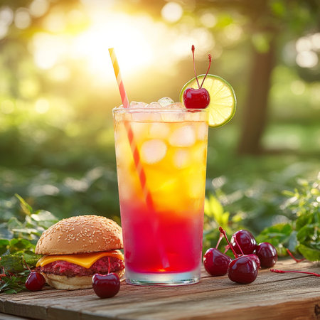 Friends Enjoying Cocktails, Refreshments, and Burgers at an Outdoor Gathering on a Sunny Dayの素材