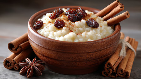 Delicious Bowl of Creamy Rice Pudding with Sweet Raisins and Cinnamon, Perfect Comfort Food Treatの素材