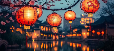 Vibrant Chinese New Year Celebration with Red Lanterns and Cherry Blossoms by Serene Lake at Duskの素材
