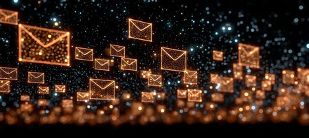 Glowing Digital Envelopes Floating in Cyber Swarm, Symbolizing Modern Communication Trends Todayの素材