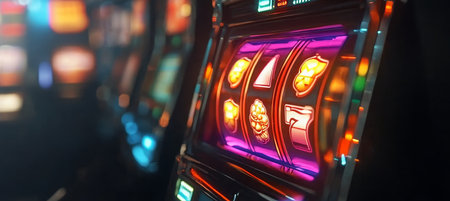 Vibrant and Exciting Slot Machine Game Display with Colorful Reels and Digital Screen Actionの素材