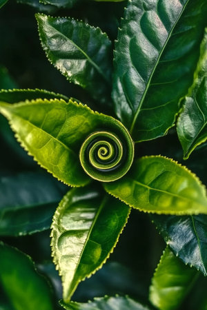 A Unique Spiral Formation of a Single Tea Leaf Showcasing Nature s Elegance in Fresh Greeneryの素材