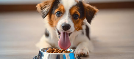 Adorable Brown and White Puppy Enjoying a Delicious Meal from Its Bowl on a Cozy Floorの素材