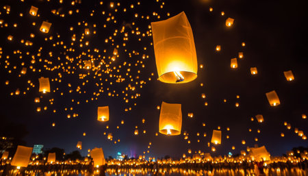 Starlit Nighttime Festival with Colorful Lanterns Floating in the Sky, Creating a Magical Atmosphereの素材