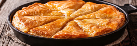 Homemade Baklava with Honey, Crispy Layers of Phyllo Dough in a Black Frying Pan, Close-Up Shotの素材