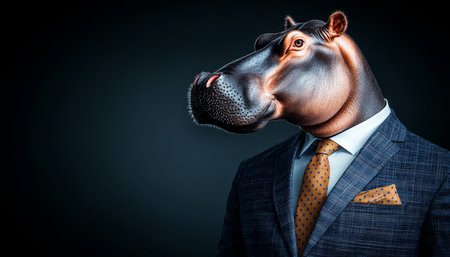 Whimsical Portrait of a Hippopotamus Dressed in a Stylish Suit, Set in a Dark Studio Atmosphereの素材