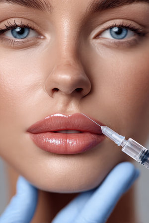 Professional Woman Receiving Dermal Filler Injection for Lip Enhancement in a Beauty Salon Settingの素材