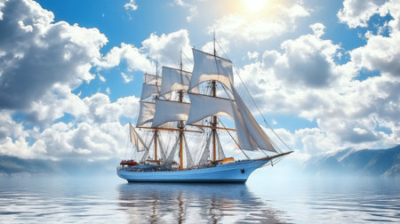 Dramatic Scene of a Classic Sailing Vessel Navigating Calm Turquoise Waters Under a Cloudy Skyの素材