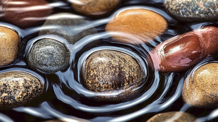 Smooth River Stones Creating Ripples in Calm Water, Aesthetic Nature Scene with Shiny Wet Rocksの素材