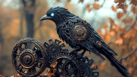 Intricate Steampunk Crow Sculpture Sitting on Gears and Clock Parts, Unique Metal Art for Decorの素材