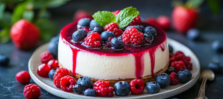 Delicious Homemade Cheesecake Topped with Fresh Blueberries and Raspberries for a Sweet Delightの素材